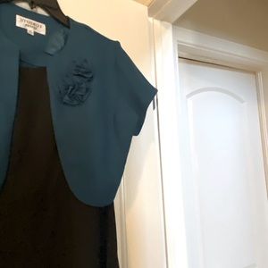 2 piece bolero jacket black dress with flower print at bottom of dress 14P